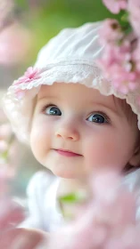 Porcelain cheeks adorned with delicate lace bonnet.