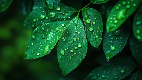 Green leaves with rain droplets in close natural focus.