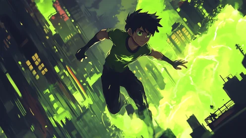 Green-powered anime hero sprinting through neon cityscape.