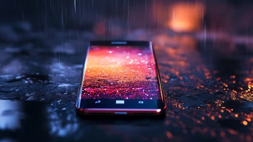Wet smartphone on reflective street surface under rain.