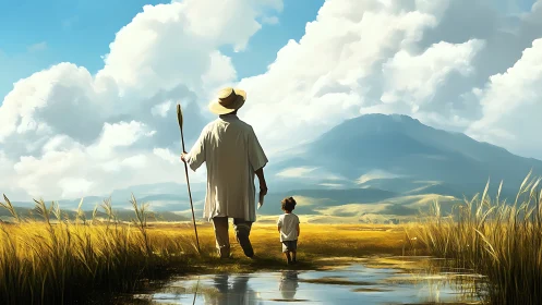 Guiding steps through golden fields toward distant mountains.