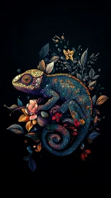 Chromatic chameleon curled in luminous floral foliage.