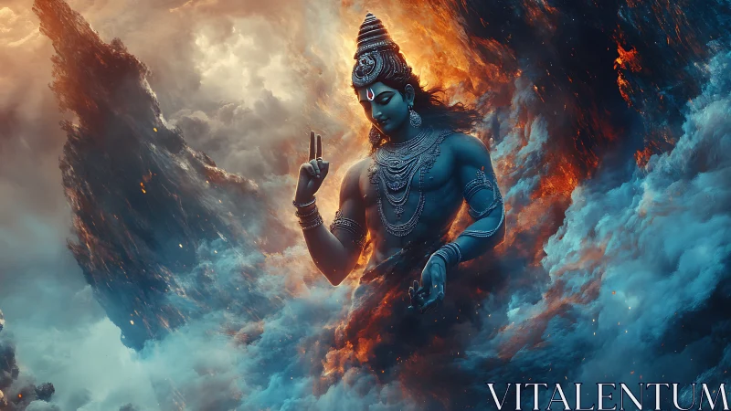 Serene blue deity rising calmly through swirling cosmic fire.
