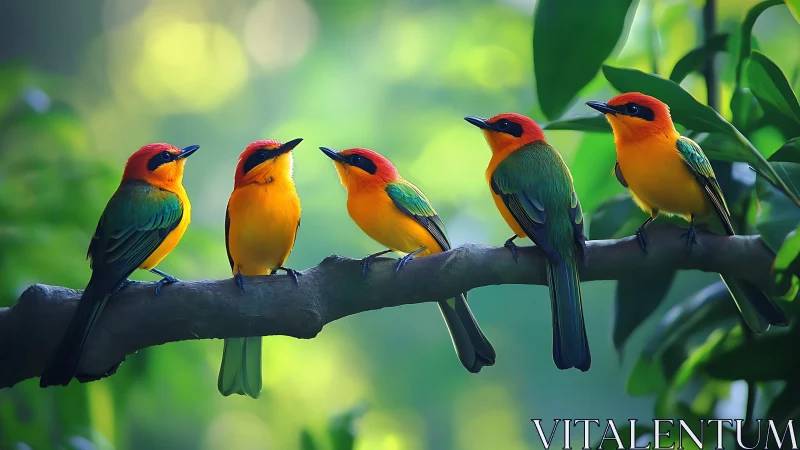 Five Colorful Birds Perched on Branch in Lush Nature, Vibrant Style.