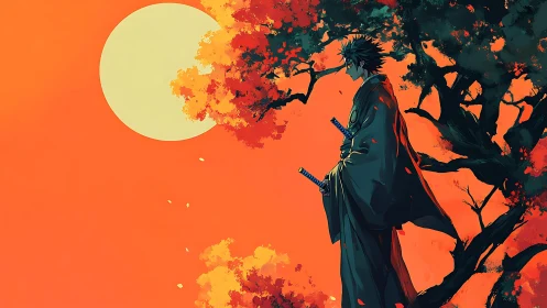 Samurai silhouette against chromatic autumn solar disc.