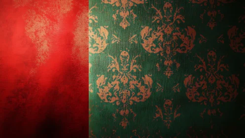 Red textured wall meets green damask wallpaper edge