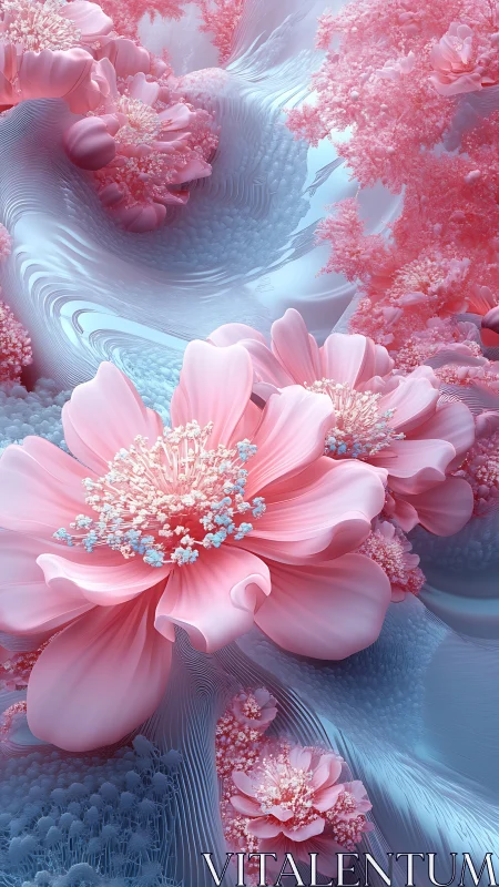 Dreamy pink blossoms drift softly across icy blue waves