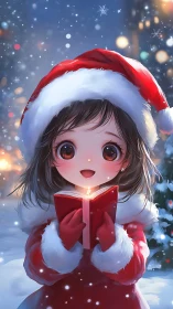 Joyful anime caroler in glowing snowy Christmas night.