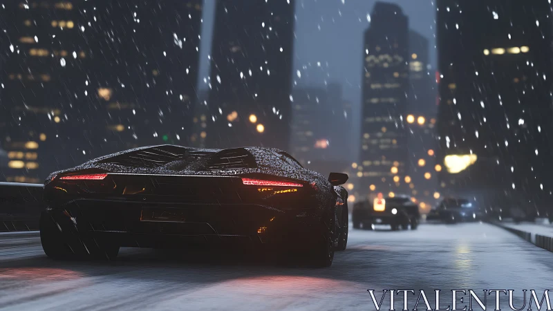 Black sports car drives through snowy night city traffic
