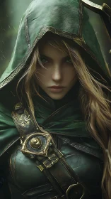 Hooded elven ranger portrait in rain-soaked forest armor.