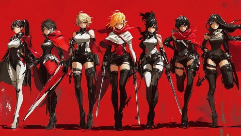 Dynamic anime squad lineup in high-contrast red field composition.