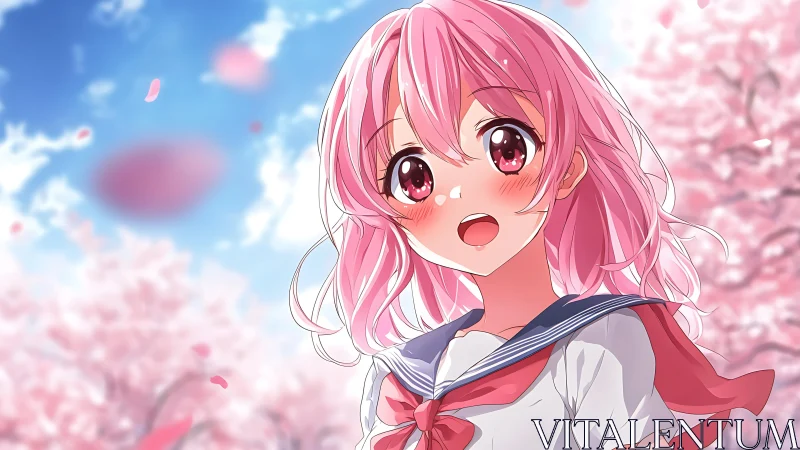 Pink haired schoolgirl under luminous cherry blossoms.