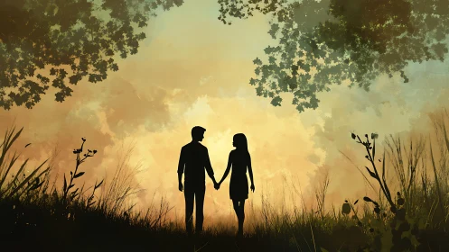 Silhouetted couple holding hands in backlighting meadow with atmospheric golden sky rendering