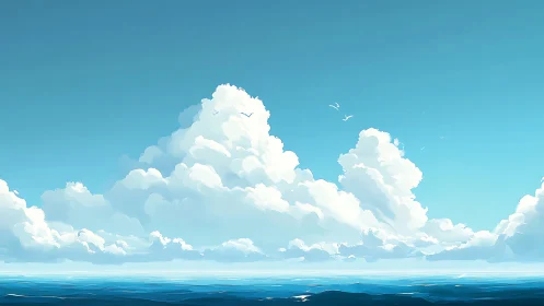 Soft cloud towers drifting above a calm blue sea.