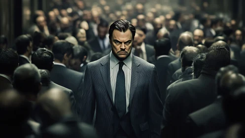 Lone suited figure carves a stern path through crowded blur.