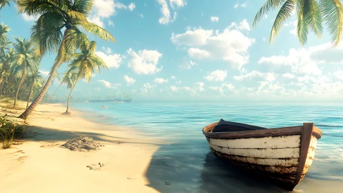 Weathered Fishing Vessel on Turquoise Waters with Coconut Palm Shoreline.