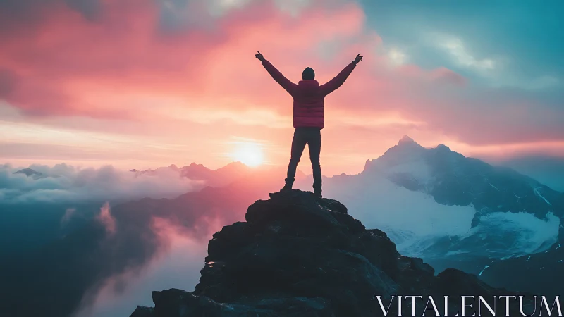 Silhouette on rocky summit under vivid mountain sunrise.