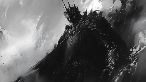 Shadow crowned warlord in monochrome abstract stormscape.