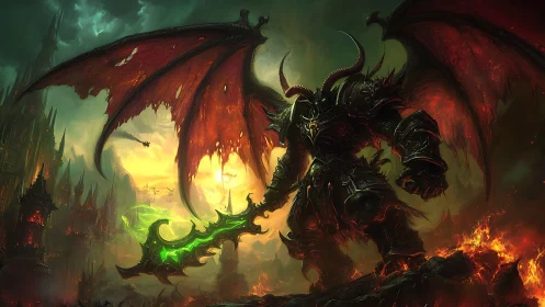 Demonic warlord dominates infernal skyline in dynamic digital painting