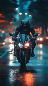Motorcyclist rides sportbike through wet city street at night