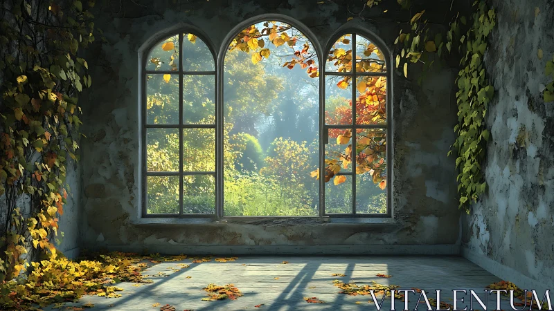 Overgrown arched window in weathered interior at daylight.