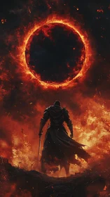 Armored warrior beneath erupting fiery eclipse in ash storm