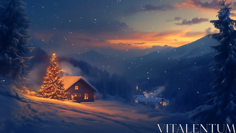 Snowy mountain cabin at dusk with lit Christmas tree.