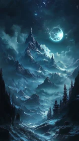 Moonlit alpine mountain range is shown under a clear night sky