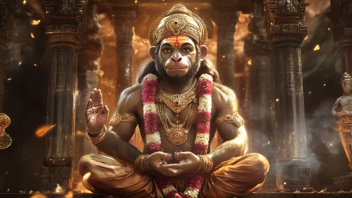 Divine simian deity in ornate temple with cinematic warm light.