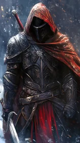 Hooded black knight in etched plate armor with red cloak