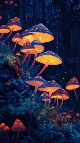 Bioluminescent forest mushrooms glow over deep blue undergrowth