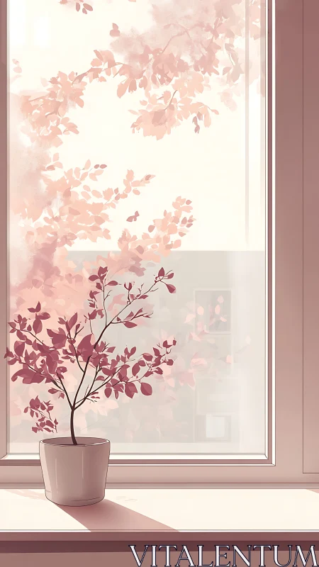 Soft daylight window still life with potted blush foliage.