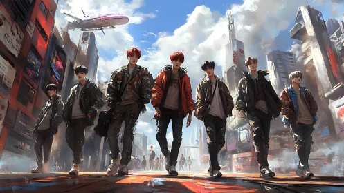 Urban youth collective crossing neo-futurist city streets.