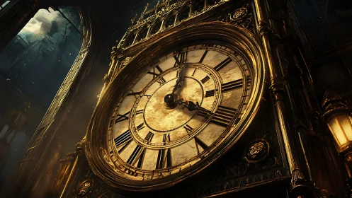 Golden cathedral clock glowing softly in timeless twilight.