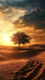 Solitary desert tree under low golden sunset light.