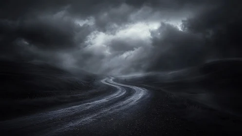 Curved wet road extends through dark hills under dense clouds