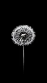 Dandelion seed head stands isolated against solid black background.
