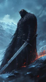 Armored dark warlord with greatsword on volcanic ice ridge