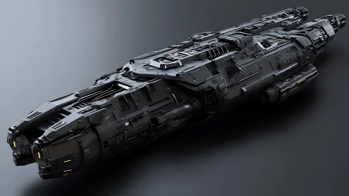 Sleek black star cruiser glides through a stark void