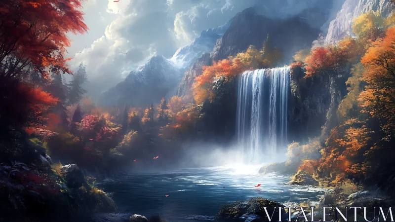 Mystic waterfall amid glowing autumn highland forestscape.