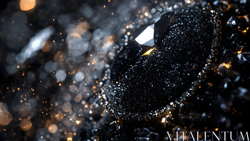 Black diamond with sparkling bokeh in luxurious macro style.