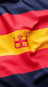 Horizontal tricolor state flag with stylized crowned heraldic seal