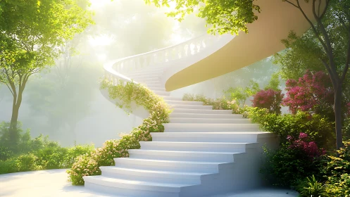 Curved white garden staircase with dense flowering plants.