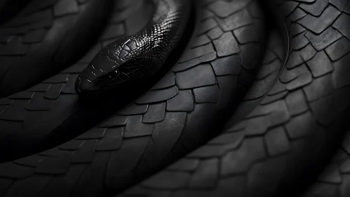 Specular black serpent macro with tessellated scale topology.