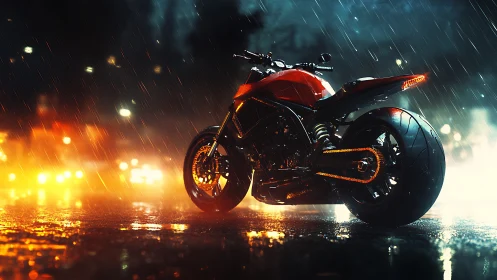 Midnight red motorcycle waiting in the rainlit city glow.