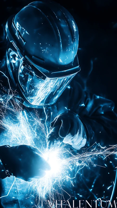 Industrial welder captured amid blue sparks and energy.