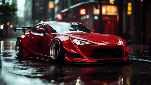 Sleek red street racer glowing on a rainy city night.