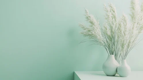 Soft mint backdrop with white pampas grass in matte ceramic vases