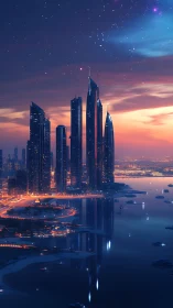 Starlit harbor skyline where dreamy towers meet calm water.