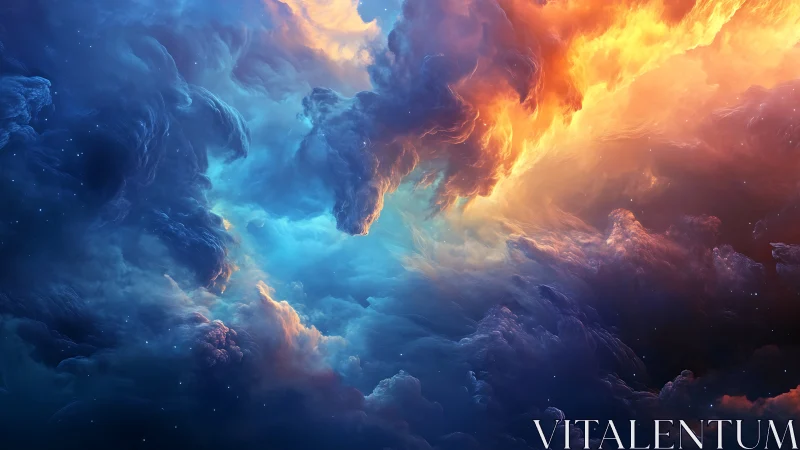 Cosmic tempests choreograph a blazing dusk above azure void